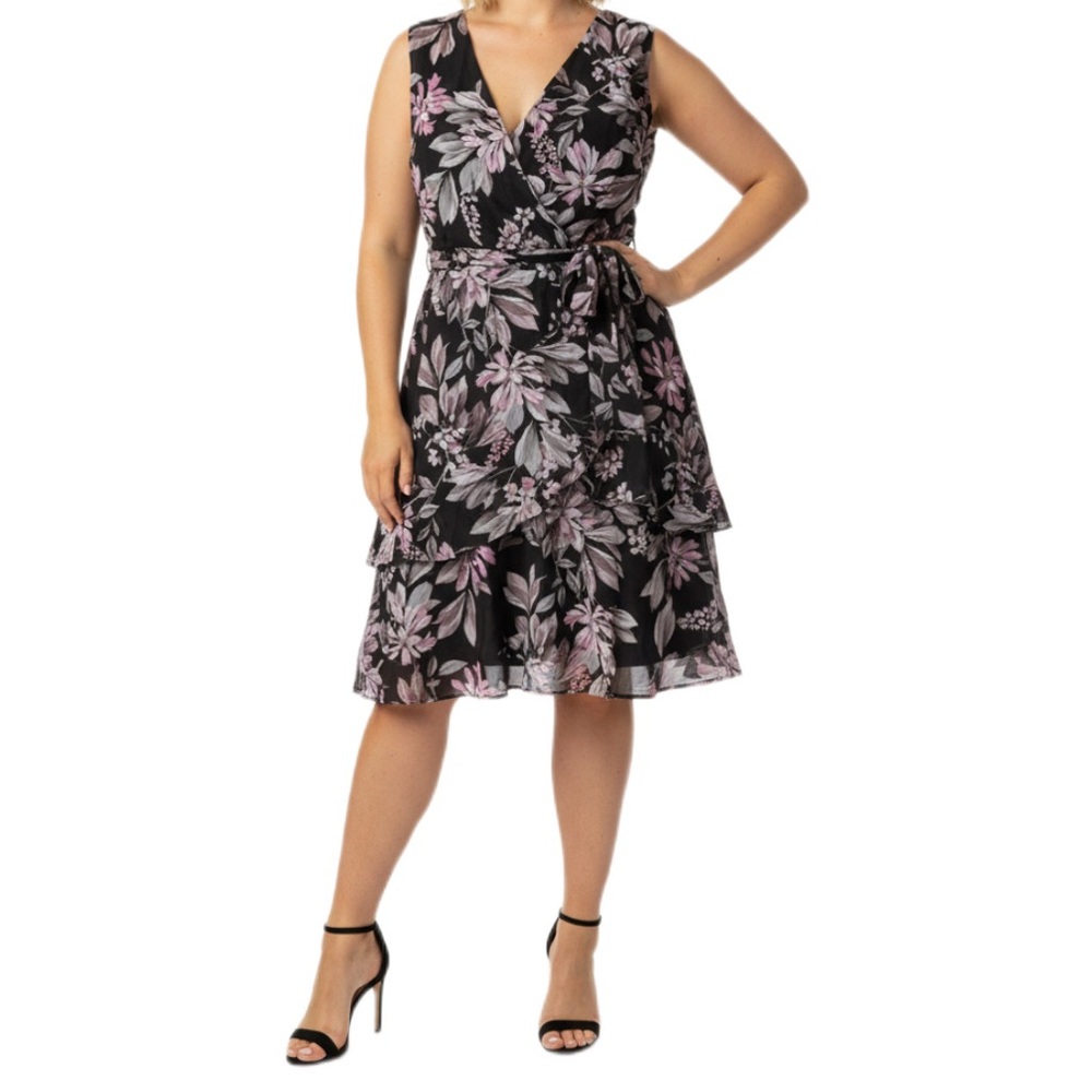 Connected Apparel V Neck Floral Black and Pink Dress size 16 NWT